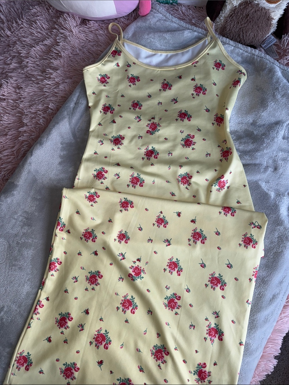 SHEIN Yellow Floral Midi Slip Dress with Pink Rose Print